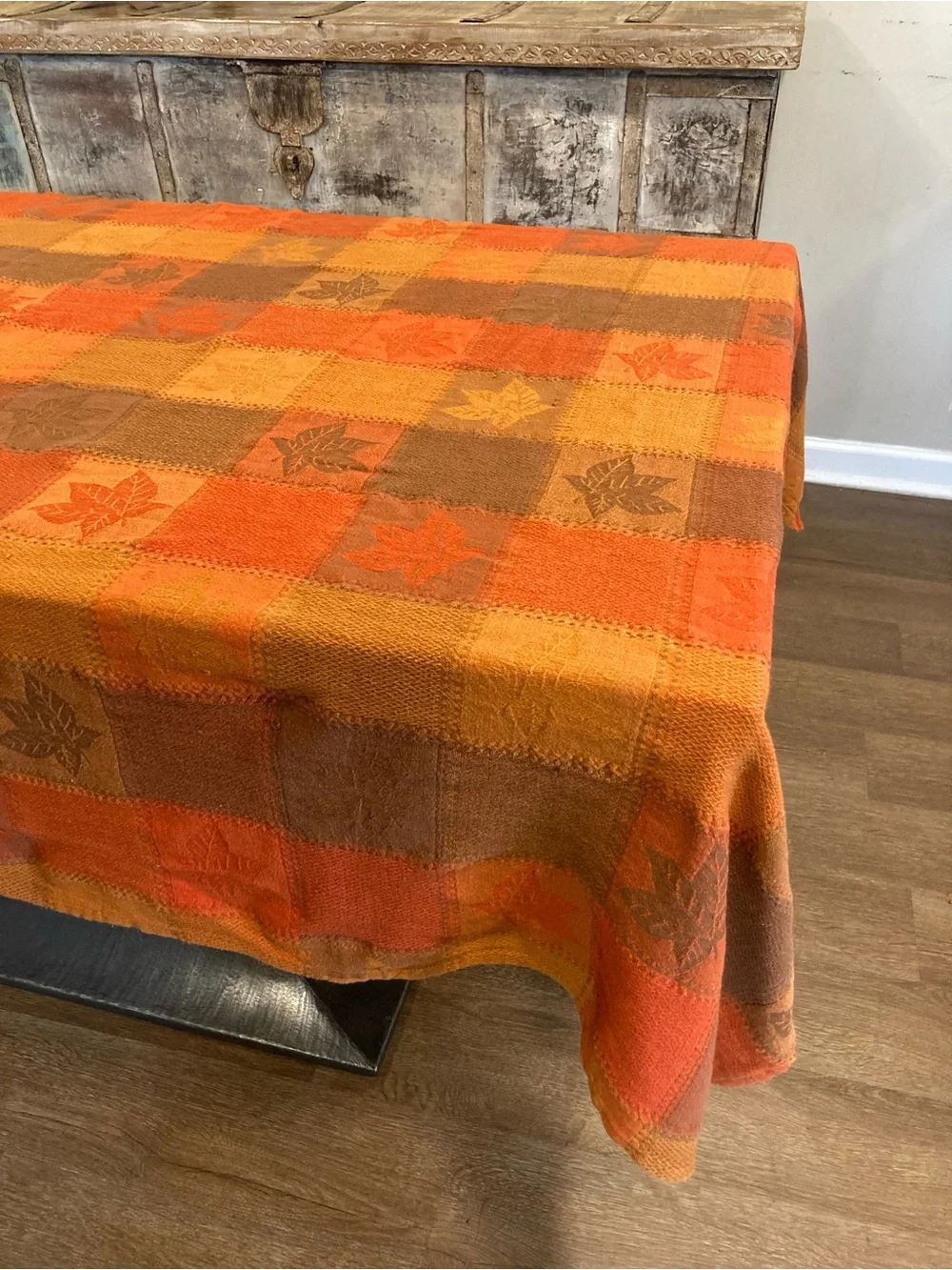 Fall Autumn Plaid Tablecloth Cotton Leaves Orange Brown 71 x 52”